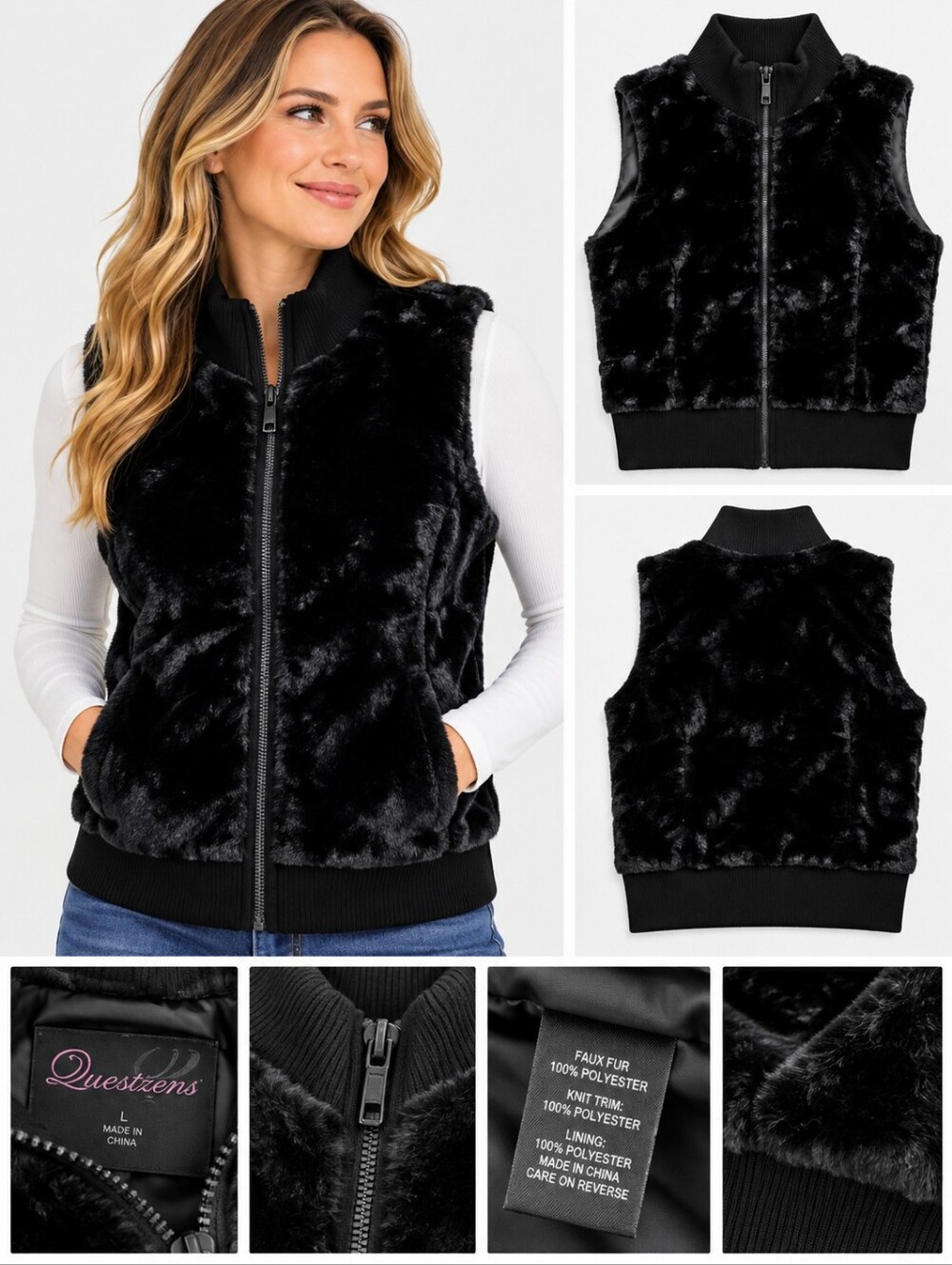 (NEW) Questions Chic Black Faux Fur Vest